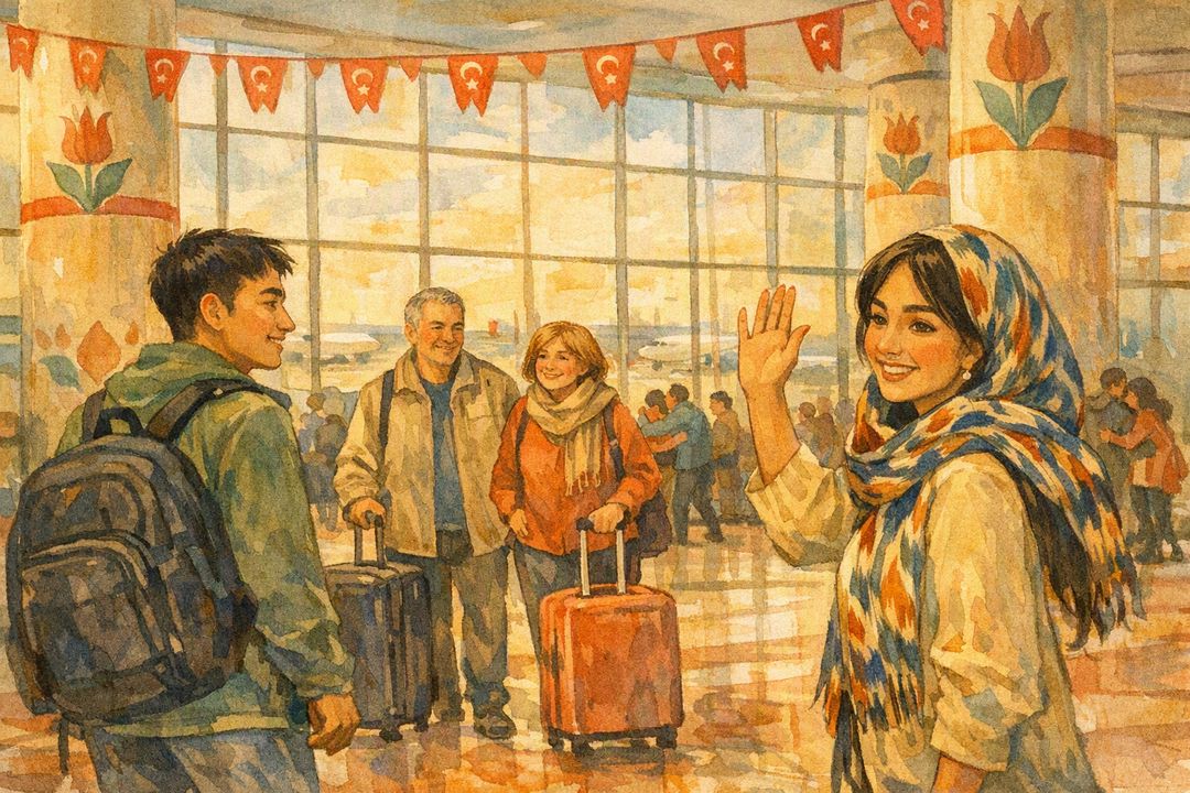Watercolour scene of two people meeting at an airport, the opening unit of the Zebo course.
