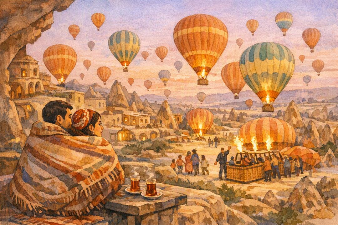 Watercolour scene of hot air balloons over Cappadocia.