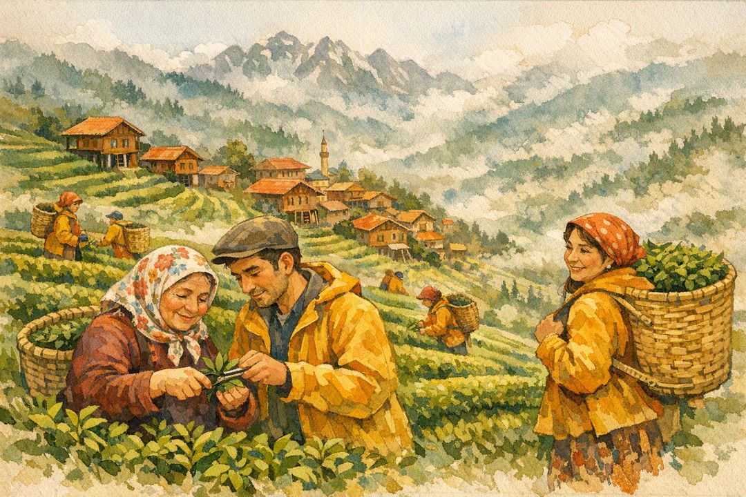 Watercolour scene of someone passing a glass of tea in Rize.